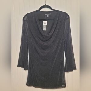 Cable & Gauge Black Shimmer Cowl Neck Top With Sheer Bell Sleeves Sz XL NWT